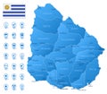 Blue map of Uruguay administrative divisions with travel infographic icons.