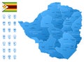 Blue map of Zimbabwe administrative divisions with travel infographic icons.