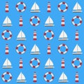 blue maritime seamless background with lighthouse, sailboat and life buoy
