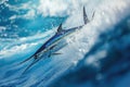 Blue Marlin Fish Leaping Out of Water, Captivating Ocean Moment in a Stunning Display of Agility and Power, A blue marlin speeding