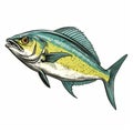 Detailed Ink Illustration Of Blue And Yellow Fish Swimming On White Background Royalty Free Stock Photo