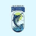 Blue marlin fishing, t shirt graphic design, hand drawn line style with digital color