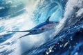 A blue marlin gracefully rides a massive wave in the vast expanse of the ocean, A blue marlin speeding through the ocean waves