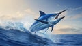 A blue marlin swordfish jumping out of the ocean Royalty Free Stock Photo