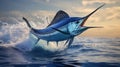 A blue marlin swordfish jumping out of the ocean Royalty Free Stock Photo