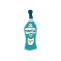 Blue martini bottle on white background. Cartoon sketch graphic design. Doodle style. Hand drawn image. Party drinks concept. Royalty Free Stock Photo