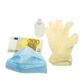 The blue mask lies with yellow protective medical gloves with an antiseptic and money of 200 two hundred euros. Royalty Free Stock Photo