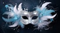 blue masquerade mask with fluffy white feathers and silver glitter. Royalty Free Stock Photo