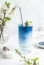 Blue matcha latte in a glass