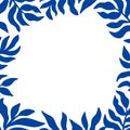 Blue Matisse plants frame. Minimal abstract floral summer border. Tropical modern card design in vector Royalty Free Stock Photo