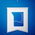 Blue Measuring cup icon isolated on blue background. Plastic graduated beaker with handle. White pennant template