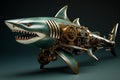 Blue mechanical shark gears. Generate Ai