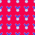 Blue Medal golf icon isolated seamless pattern on red background. Winner achievement sign. Award medal. Vector