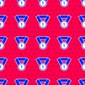 Blue Medal icon isolated seamless pattern on red background. Winner symbol. Vector Royalty Free Stock Photo