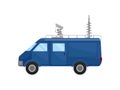 Blue media car, side view. Small van with satellite antennas on roof. Modern broadcasting vehicle. Flat vector design Royalty Free Stock Photo