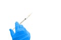 Blue medical doctor glove hold syringe of drug isolated on white with copy space
