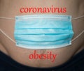 Blue medical mask on man`s stomach, man gaining weight during coronavirus crisis pandemic.