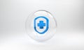 Blue Medical shield with cross icon isolated on grey background. Protection, safety, password security. Glass circle