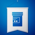 Blue Medicine bottle and pills icon isolated on blue background. Bottle pill sign. Pharmacy design. White pennant Royalty Free Stock Photo