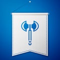 Blue Medieval axe icon isolated on blue background. Battle axe, executioner axe. Medieval weapon. White pennant template Royalty Free Stock Photo