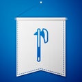 Blue Medieval axe icon isolated on blue background. Battle axe, executioner axe. Medieval weapon. White pennant template