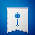 Blue Medieval chained mace ball icon isolated on blue background. Medieval weapon. White pennant template. Vector