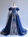 Blue medieval female dress decorated with white lace on a mannequin.