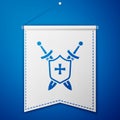 Blue Medieval shield with crossed swords icon isolated on blue background. White pennant template. Vector Royalty Free Stock Photo