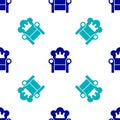 Blue Medieval throne icon isolated seamless pattern on white background. Vector