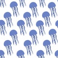 Blue medusa. Seamless pattern. Endless ornament of marine invertebrates with tentacles. Flat style