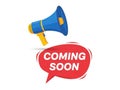 Blue megaphone with red speech bubble, coming soon - isolated on white background Royalty Free Stock Photo