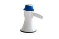 Blue megaphone for shouting, communication with the people, crowd on white background