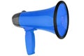 Blue megaphone on white background isolated closeup , hand loudspeaker design, loudhailer or speaking trumpet illustration