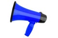 Blue megaphone on white background isolated closeup, hand loudspeaker design, loudhailer or speaking trumpet illustration