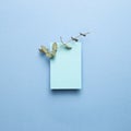 Blue memo pad, blank paper with eucalyptus leaves on blue background Royalty Free Stock Photo