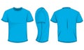 Blue mens t-shirt with short sleeves. Front, back, side view. Isolated on white background
