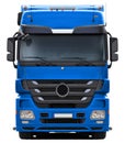 Blue mercedes Actros truck front view.