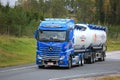 Blue Mercedes-Benz Actros Tank Truck in Motion Royalty Free Stock Photo