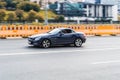 Blue Mercedes-benz Convertible SLC-Class R172 driving on the street. SLK-class moving in the urban highway Royalty Free Stock Photo