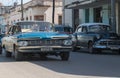 Blue merican vintage car drives in the province Villa Clara in Cuba on the street Royalty Free Stock Photo