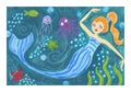 Blue Mermaid surfer riding waves mermaid fantasy ocean watercolor art