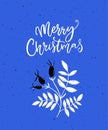 Blue Merry Christmas card with calligraphy text and branch of rose hip branch with leaves. Scandinavian greeting card Royalty Free Stock Photo