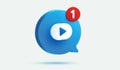 Blue message bubble with Play video button 3d vector icon. Media player sign or subscribe symbol. notification icon with number Royalty Free Stock Photo