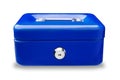 Blue metal cash box or  iron mini lock box with key  isolated on white background .clipping path included Royalty Free Stock Photo