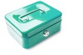 Blue metal cash box or iron mini lock box with key isolated on white background .clipping path included