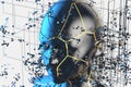 Blue metal human head with particles, 3d rendering Royalty Free Stock Photo