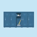 Blue metal Lockers. Lockers in school or gym with silver handles and locks. Safe box with doors open, cupboard, books, mineral