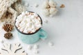 Mug of cocoa with marshmallows and winter decor