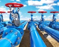 Blue metal pipes are laid far away with a lock hanging on chain around the red valve on close up, blocked pipeline concept, 3d