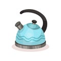 Blue metal tea kettle with black handle. Vessel used for boiling water. Flat vector for advertising of household goods Royalty Free Stock Photo